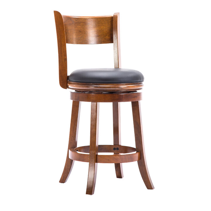 Pal 24 Inch Swivel Counter Stool, Solid Wood, Bonded Leather, Walnut Brown-Benzara
