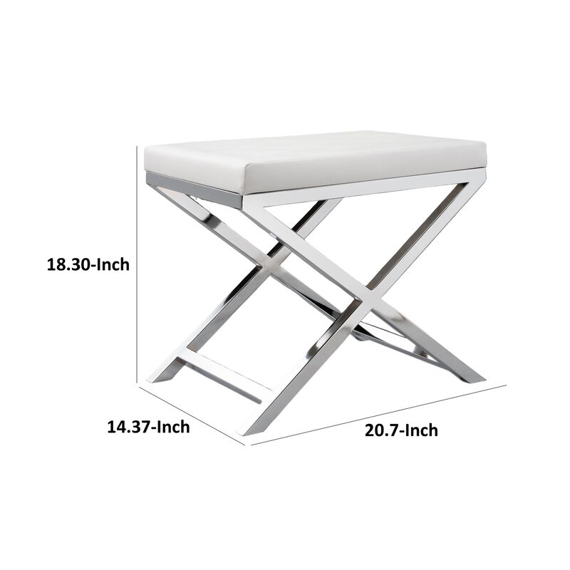 Sumi 18 Inch Stool, Padded Seat, White Faux Leather, Crossed Chrome Legs - Benzara