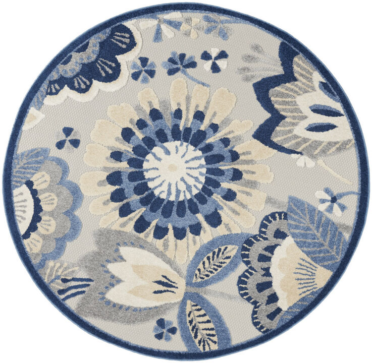 HomeRoots 4' Blue And Gray Round Floral Indoor Outdoor Area Rug