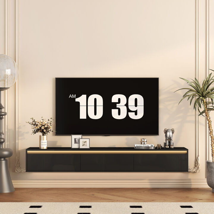 GOODSILO Floating TV Stand with LED Lights and Power Outlet, High Gloss Wall Mounted Storage Cabinet for Living Room Entertainment