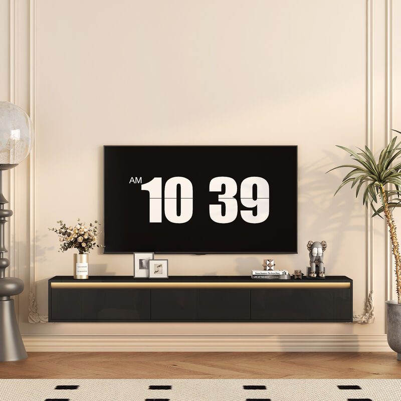 GOODSILO Floating TV Stand with LED Lights and Power Outlet, High Gloss Wall Mounted Storage Cabinet for Living Room Entertainment image number 1