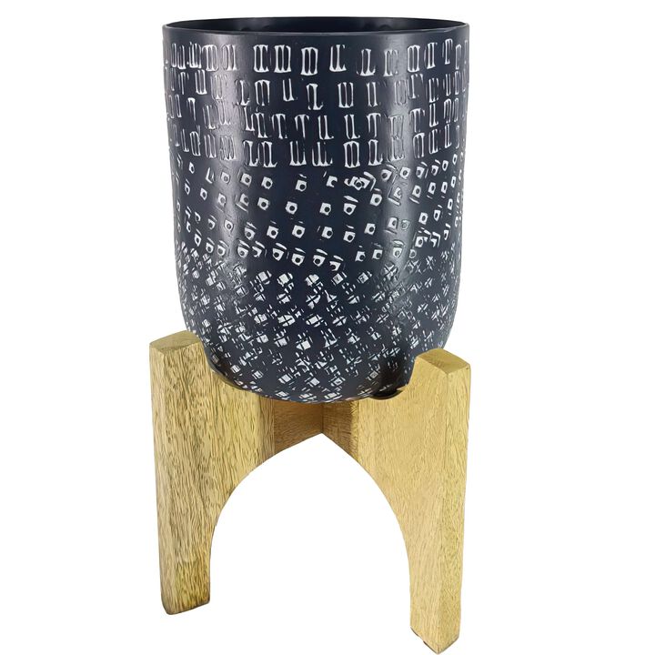 Alex 8 Inch Artisanal Industrial Round Hammered Metal Planter Pot with Wood Arch Stand, Midnight Blue- Benzara