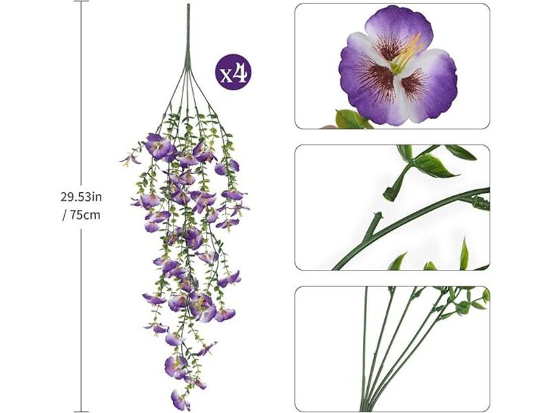 4 Piece Purple Artificial Hanging Pansy Flowers UV Resistant Outdoor Garden image number 2