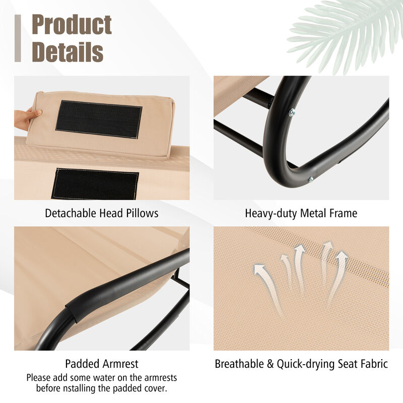 Outdoor 2 Persons Rocking Chaise Lounge with Canopy and Wheels-Beige