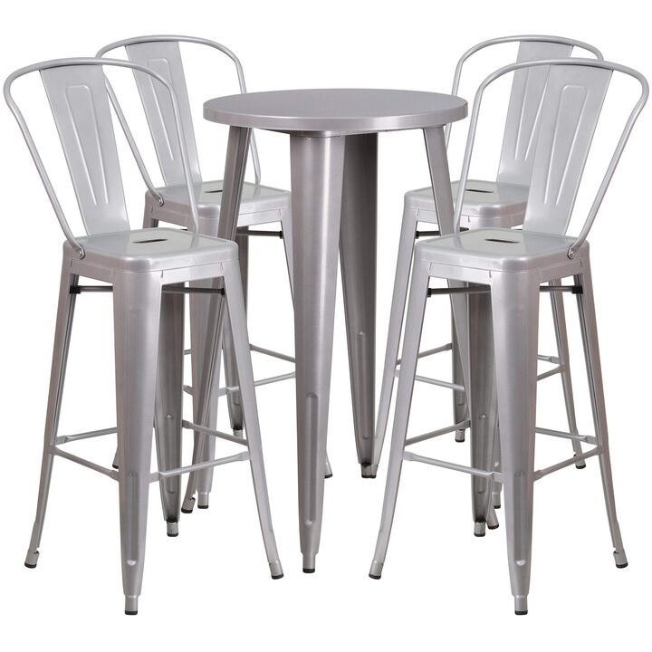 Flash Furniture Commercial Grade 24" Round Silver Metal Indoor-Outdoor Bar Table Set with 4 Cafe Stools
