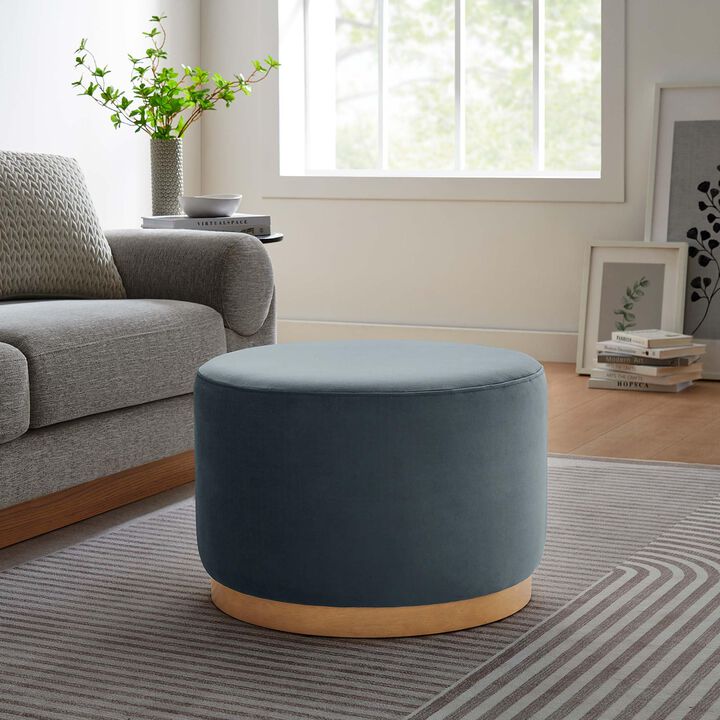 Modway Tilden 23 Inch Round Performance Velvet Upholstered Ottoman in Cadet Blue Natural - Round Ottoman Foot Rest with Rubberwood Plinth Base - Living Room Ottoman Side Table or Ottoman Coffee Table