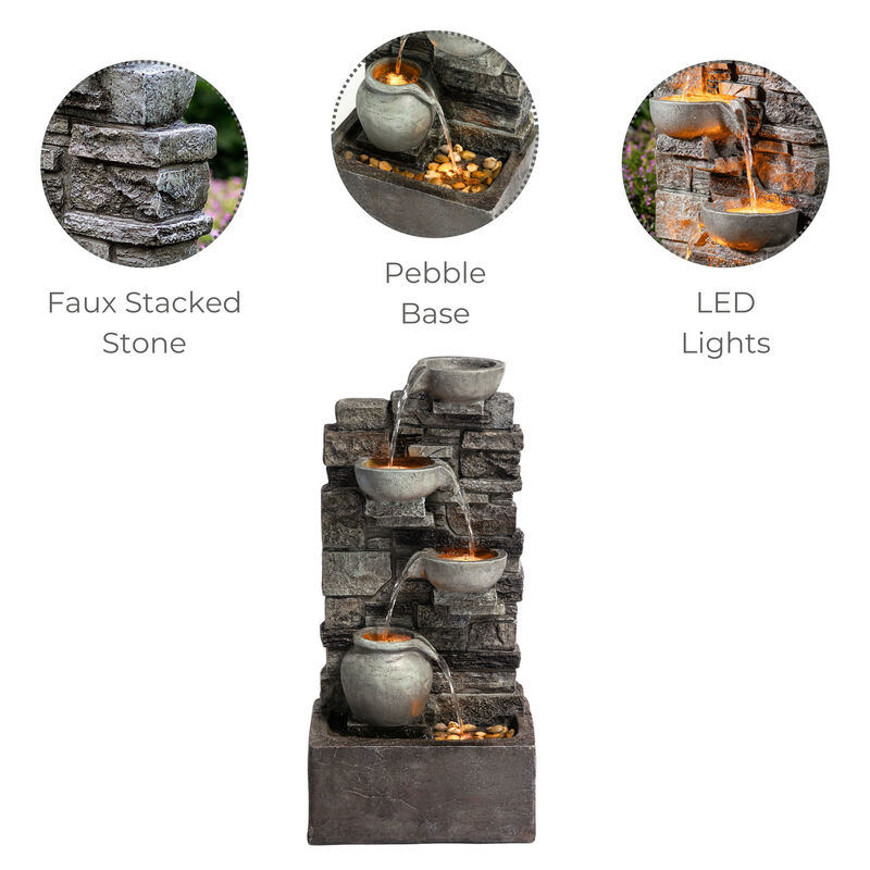 Outdoor 4-Tier Cascading Water Fountain with LED Lights, Gray image number 2
