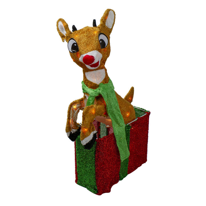 24" Pre-Lit Rudolph the Red Nosed Reindeer Gift Box Christmas Outdoor Decor - Clear Lights