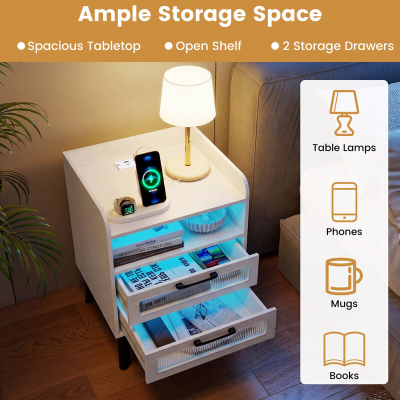 Modern Nightstand with LED Lights, Charging Station and Storage Drawer image number 3