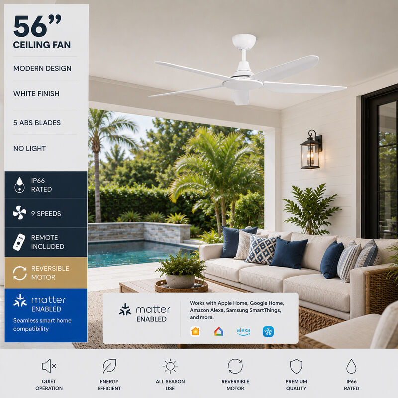 ENLIGHT 56" Smart DC Ceiling Fan, IP66 Outdoor/Coastal Rated, Matter Smart Home Integration, 5 Blades image number 1