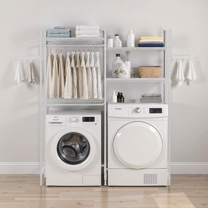 Laundry Room Storage Rack Over Washer Dryer with Hanging Rod and Hooks image number 1