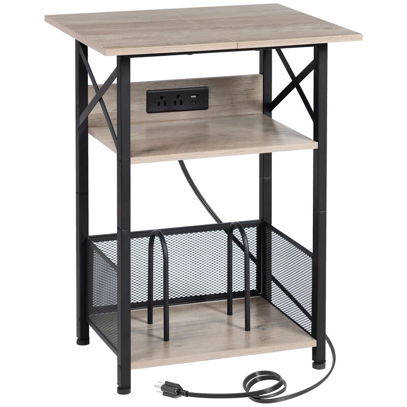 AMHANCIBLE Record Player Stand with Charging Station, Large Turntable Stand with Storage Cabinet, 3 Tier End Table Hold Up to 10