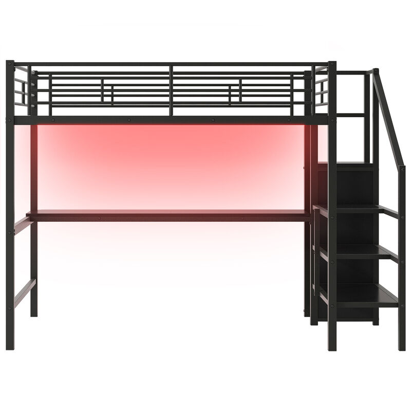 Merax Metal Loft Bed with Desk, Storage Staircase, Small Wardrobe and LED Light,Black