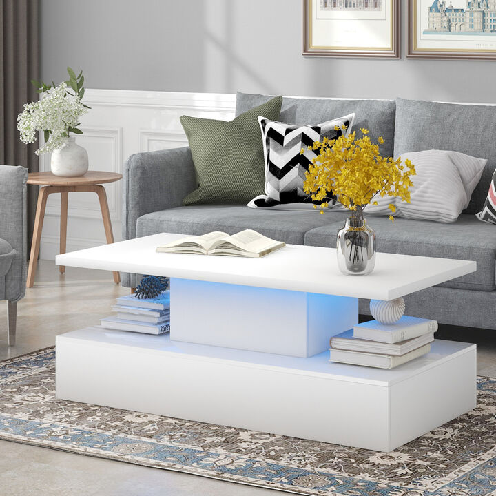Coffee Table Cocktail Table Modern Industrial Design with LED lighting, 16 colors with a remote control, White