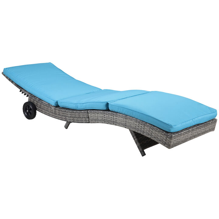 Outsunny Chaise Lounge Pool Chair, Outdoor PE Rattan Cushioned Patio Sun Lounger w/ 5-Level Adjustable Backrest & Wheels for Easy Movement, Wicker, Sky Blue