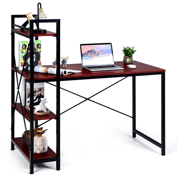 Costway 47.5'' Compact Computer Desk With 4-Tier Storage Bookshelves for Home Office Brown