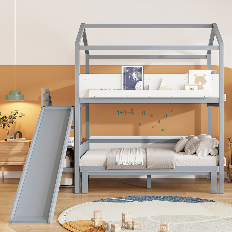 Merax Twin Over Twin/Full House Bunk Bed with Slide & Storage Guardrails image number 3