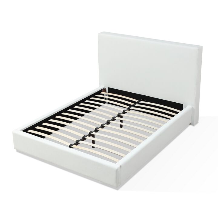 Uma King Size Platform Bed, Tall Panel Headboard, Cream Canvas Upholstery - Benzara