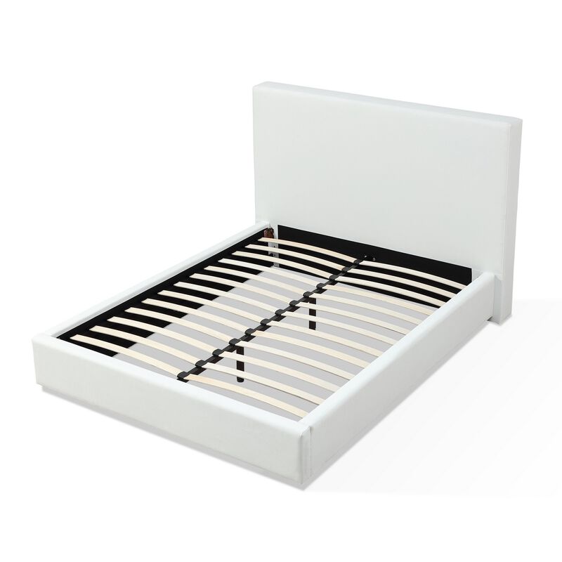 Uma King Size Platform Bed, Tall Panel Headboard, Cream Canvas Upholstery - Benzara