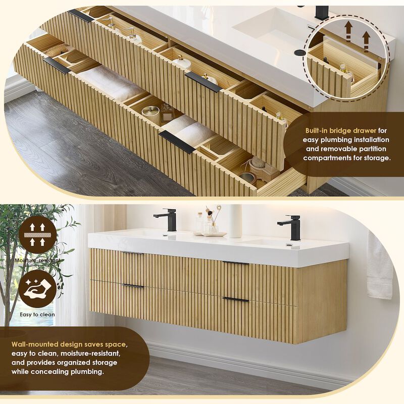 Altair-11 Double Bathroom Vanity in Nature Brown White Artificial Drop-in Sink