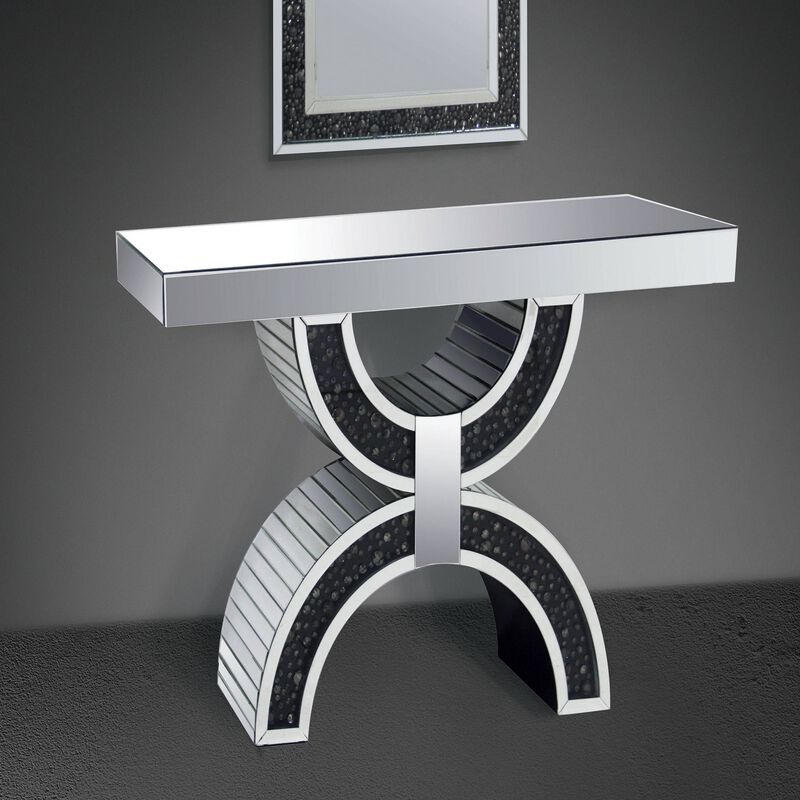 Wood and Mirror  Console Table with Geometric Style Base, Clear and Black-Benzara