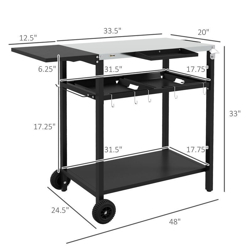 Outsunny Outdoor Bar Table with Stainless Steel Tabletop, Outdoor Kitchen Island with 2-Tier Shelf with Wheels, Patio Serving Cart with Hooks, Towel Holder, for Poolside, Garden, Black