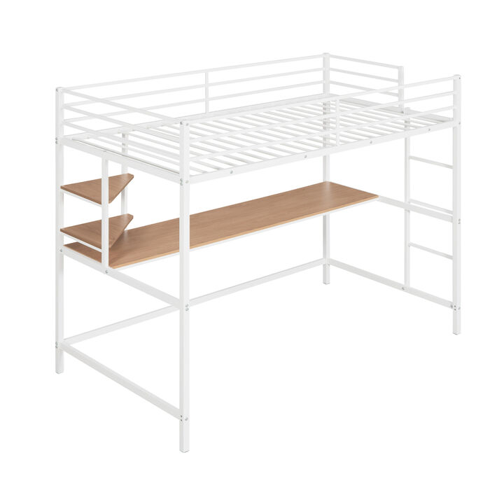 Twin Metal Loft Bed with Desk and Shelf, White