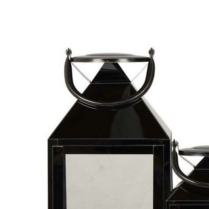 Davi Set of 3 Decorative Lanterns, Curved Handles, Glass Panel, Black Metal - Benzara