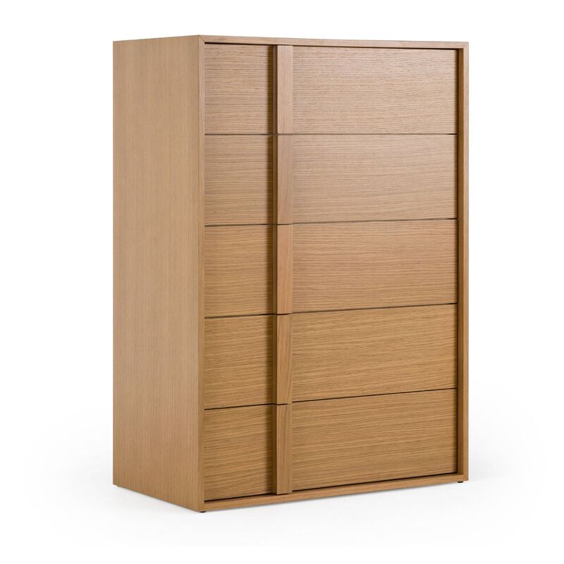 Lina Tall Dresser Chest, 5 Drawers, Natural Brown Oak Veneer - Benzara