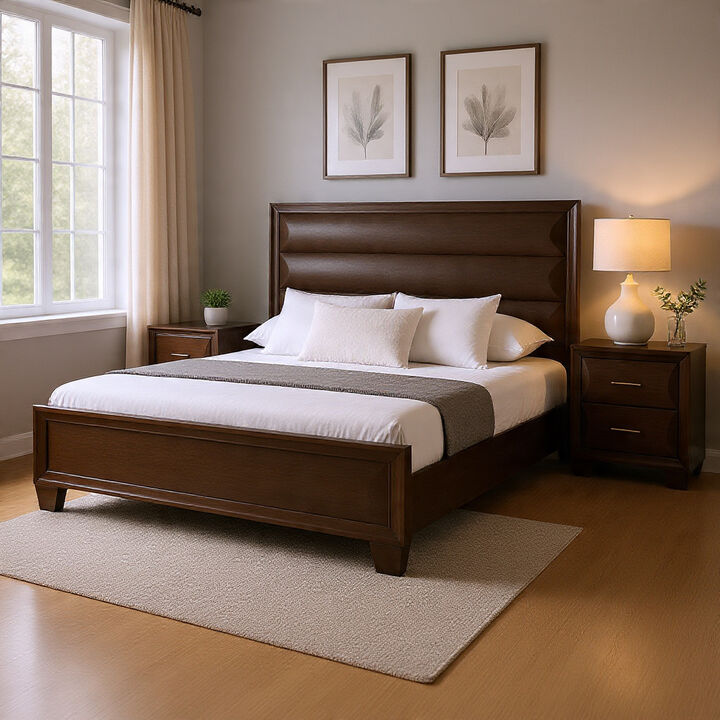 Queen Bedroom Set, Espresso Brown, Gold Wood, 2 Piece Set with Nightstand