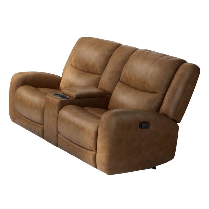 Leos Loveseat, Manual Reclining, Center Console, 79 Inch, Brown Leather - Benzara - Benzara