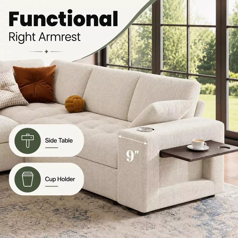 Vipbear 110" Modular Sectional Sleeper Sofa, 8-Seater Chenille U-Shaped Couch with Pull-Out Beds image number 6