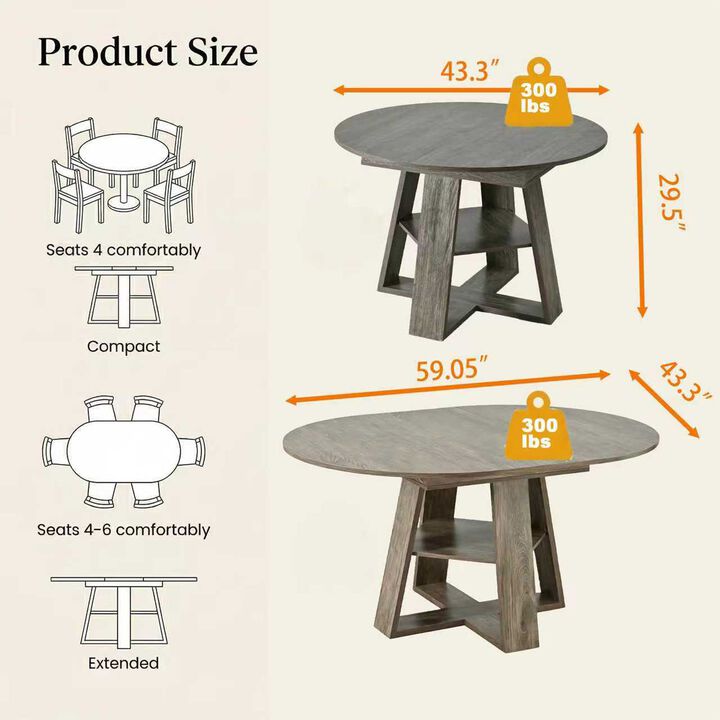Extendable Round Dining Table for 4-8 People with Storage Shelf