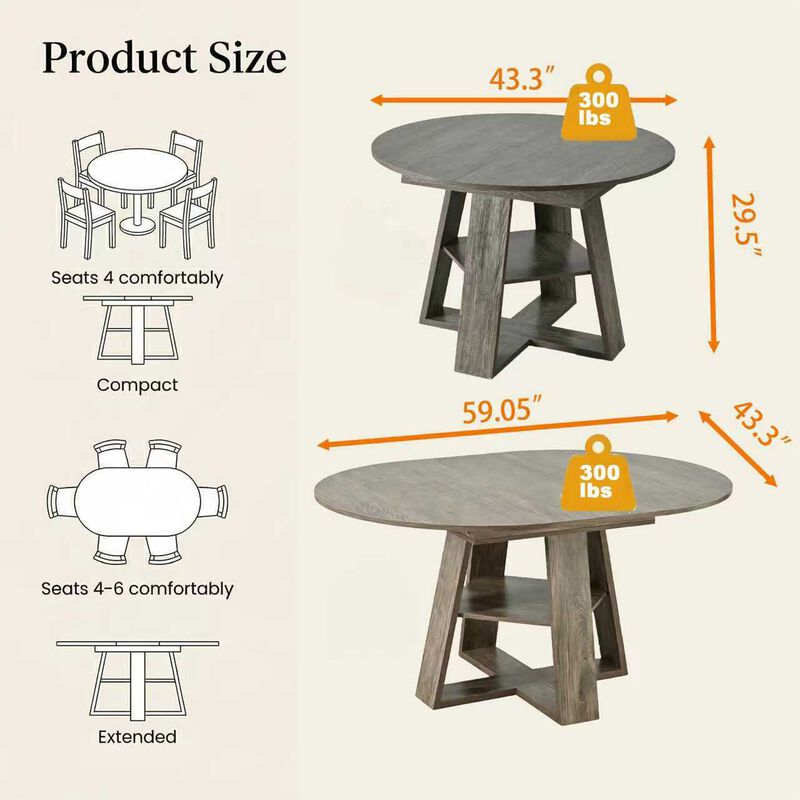 Extendable Round Dining Table for 4-8 People with Storage Shelf image number 1