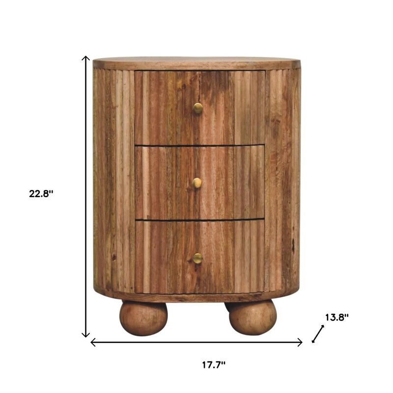 HomeRoots 23" Natural Solid Wood Ribbed Texture Round Three Drawer Nightstand image number 6