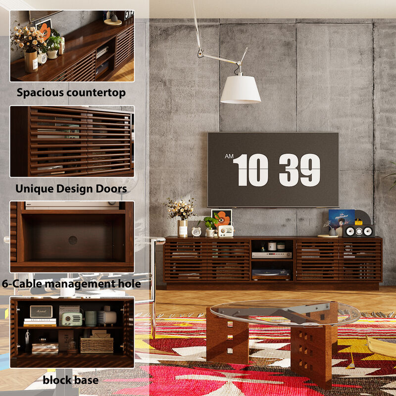 FUFU&GAGA Modern Wooden TV Stand with Slatted Doors – Stylish & Functional Storage (78.7" W x 18.8" H x 15.7" D), Brown