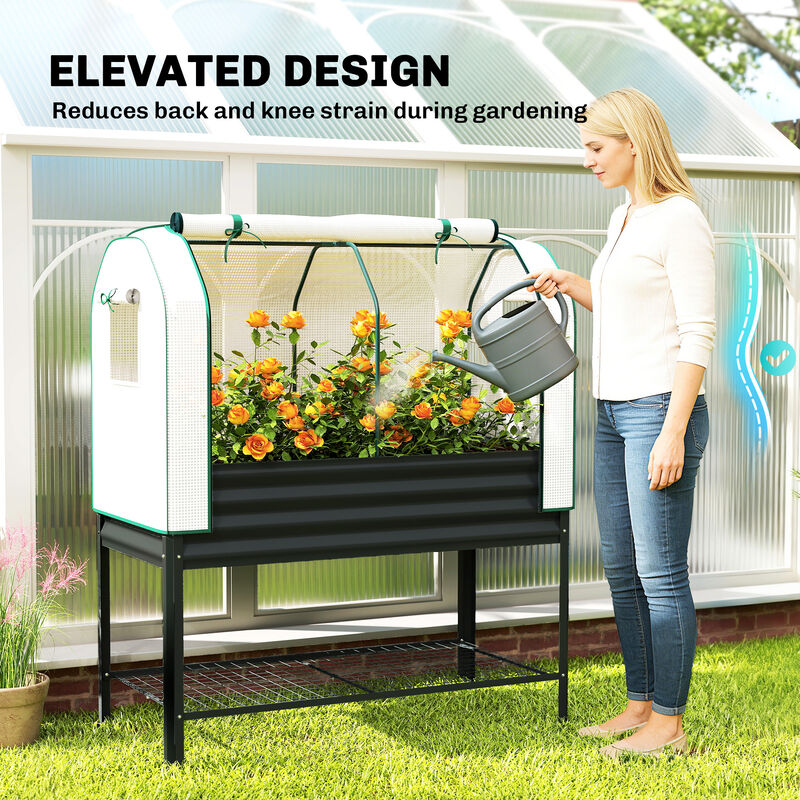 Hivvago Metal Raised Planter with Greenhouse Cover and Shelf image number 5