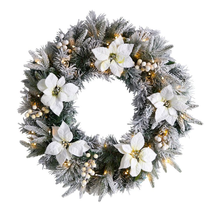 Nearly Natural 24-in Flocked Poinsettia and Pine Artificial Christmas Wreath with 50 Warm White LED Lights