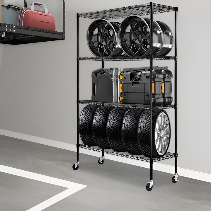 4 Tier Rolling Storage Shelving Unit, Heavy Duty Metal Wire Rack with Wheels