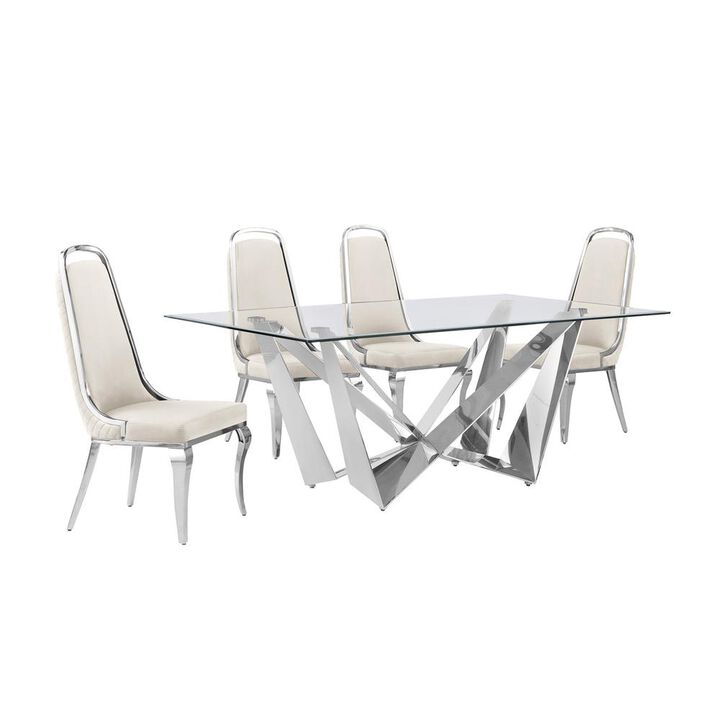 5pc Small(78") glass dining set with silver base and 6 Cream side chairs