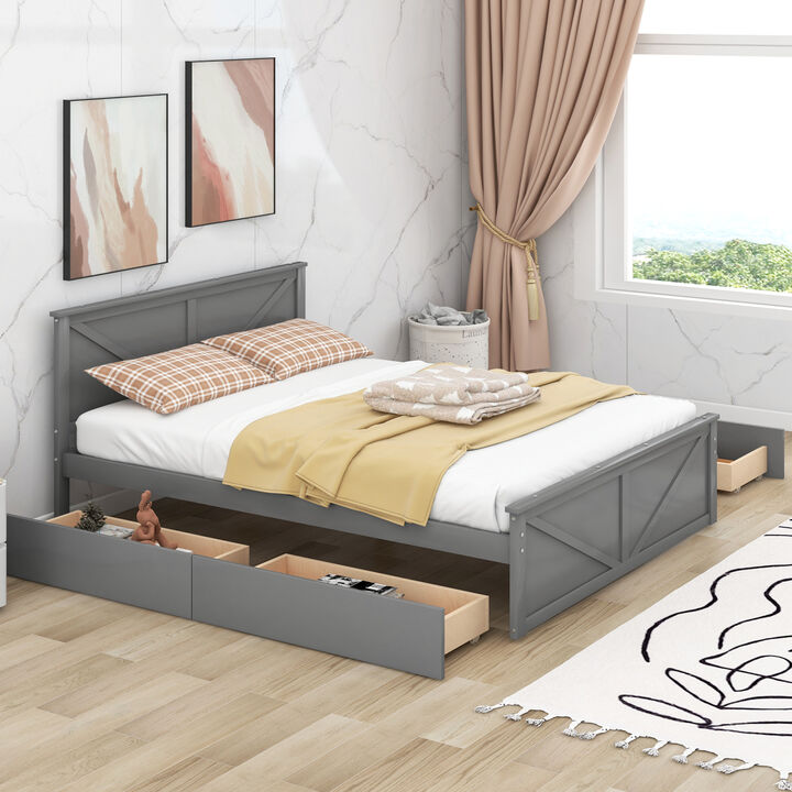 Queen Size Wooden Platform Bed with Four Storage Drawers and Support Legs, Gray