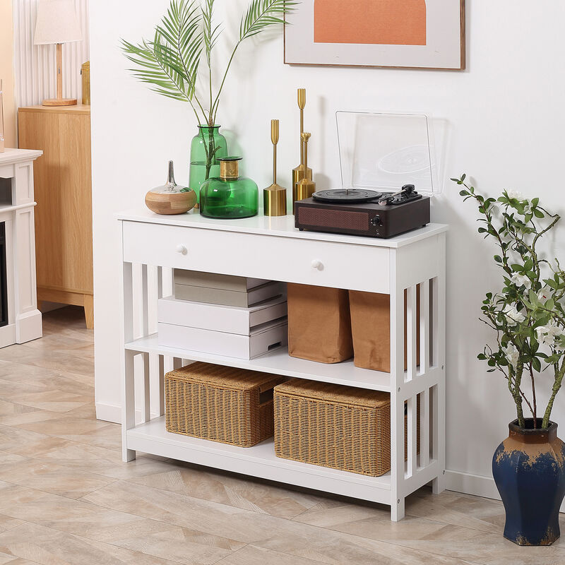HOMCOM Console Hallway Table with Extra Wide Pull Out Drawer, 2 Open Shelves and Slatted Wood Frame Design, White