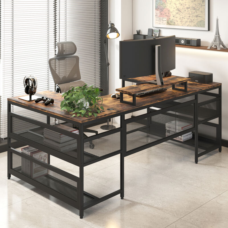Streamdale U-Shaped Desk with Power Outlet LED Strip and Monitor Stand Vintage image number 2