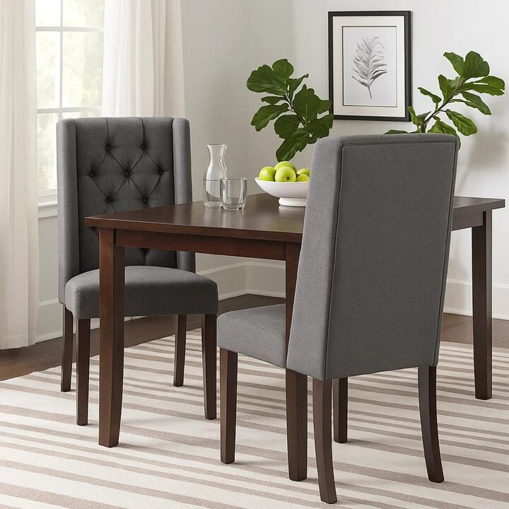 Nathan Dining Chair Set of 2, Dark Brown Wood, Tufted Wingback