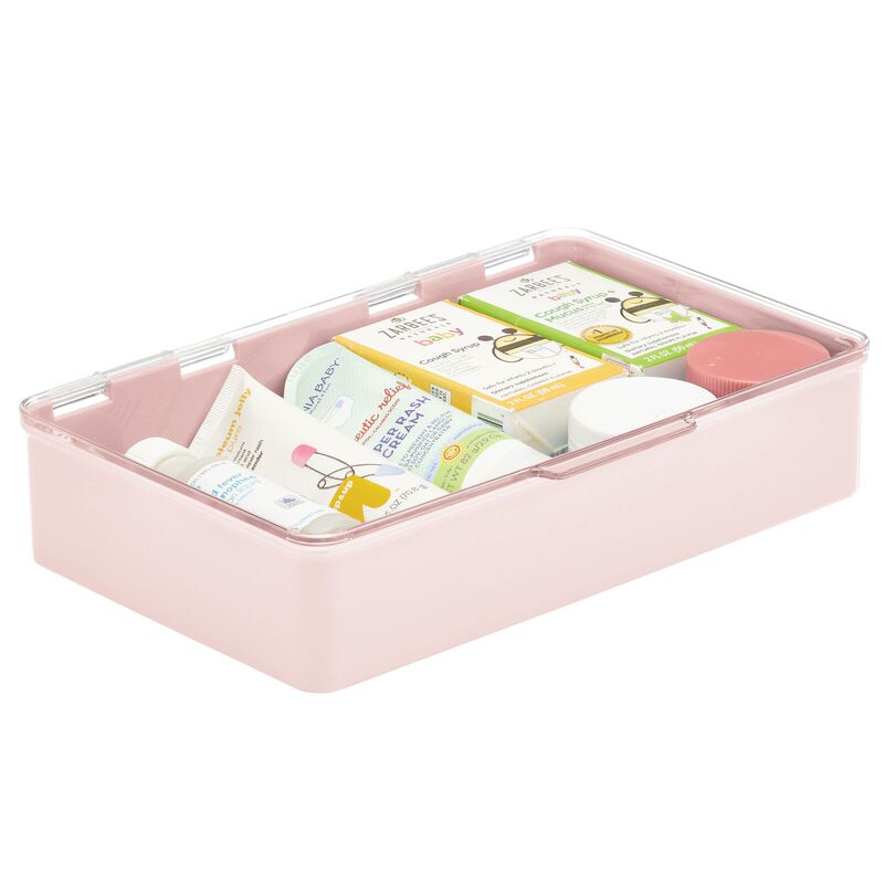 mDesign Plastic Stackable Organizer Container Box, Hinged Lid - Light Pink/Clear