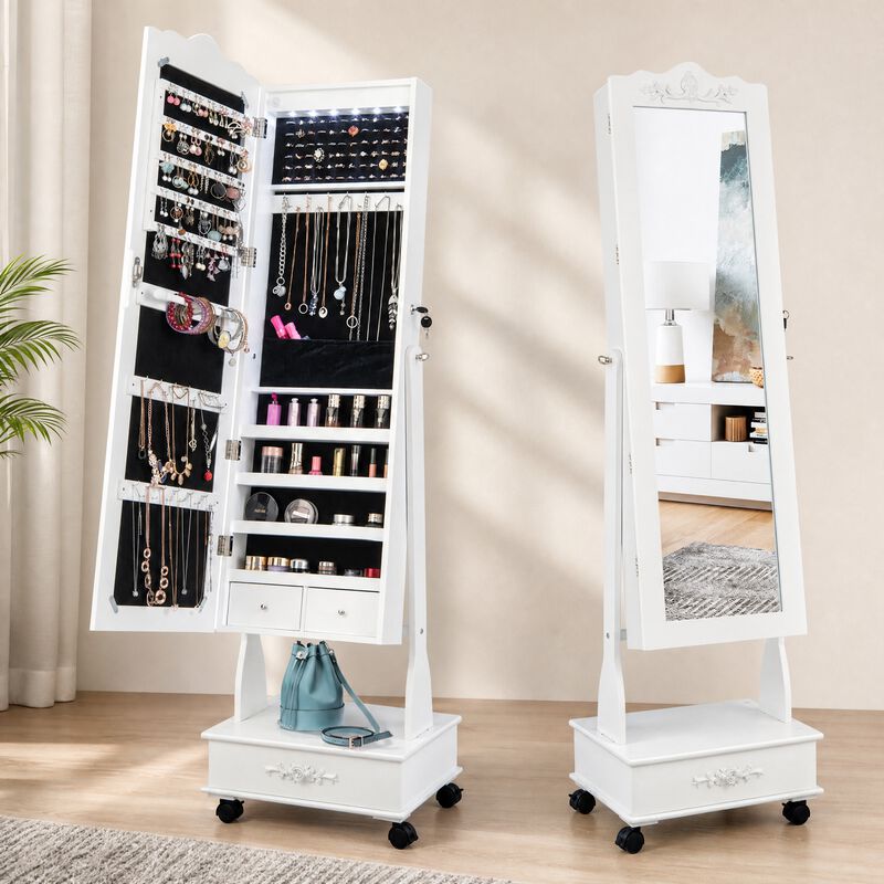Rolling Lockable Jewelry Cabinet with Full-Length Mirror, LED Lights, Adjustable Angle and Bottom Drawer image number 2