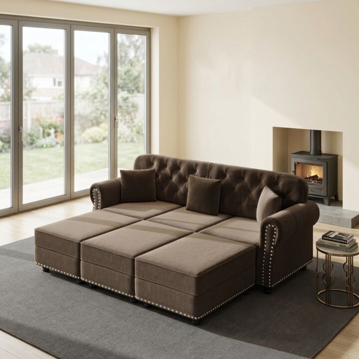 Whisen 3 Seat Velvet Sofa with 3 Ottomans, Nailhead Trim, Mid-Century Modern, for Living Room