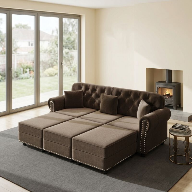 Whisen 3 Seat Velvet Sofa with 3 Ottomans, Nailhead Trim, Mid-Century Modern, for Living Room image number 1