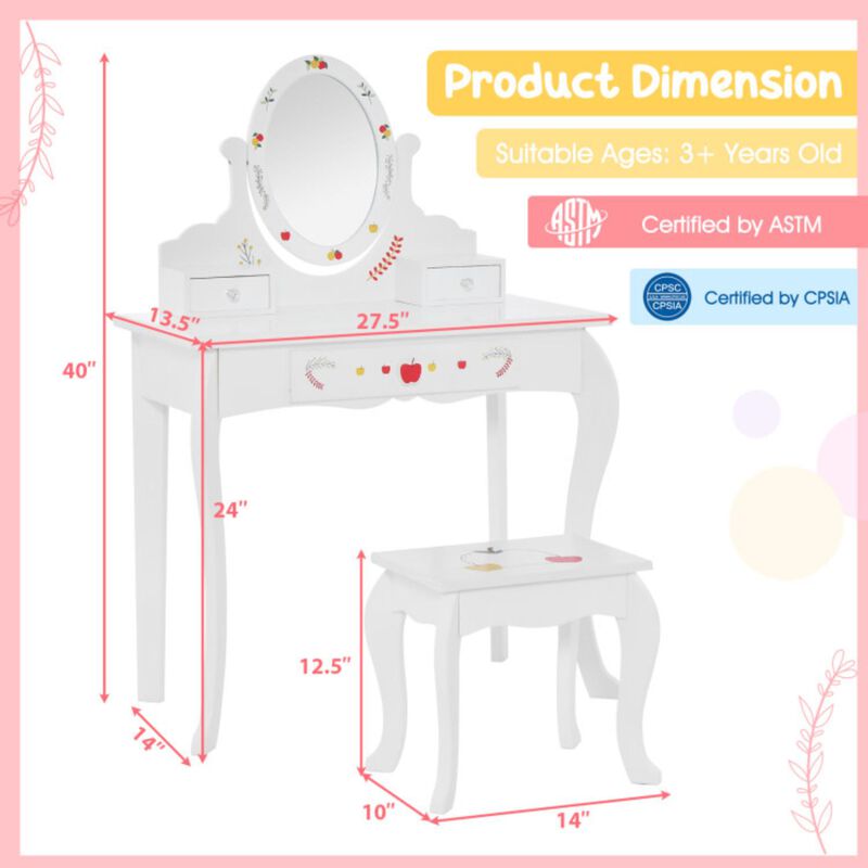 Hivvago Kids Vanity and Stool Set with 360Â° Rotatable Mirror and Whiteboard-White
