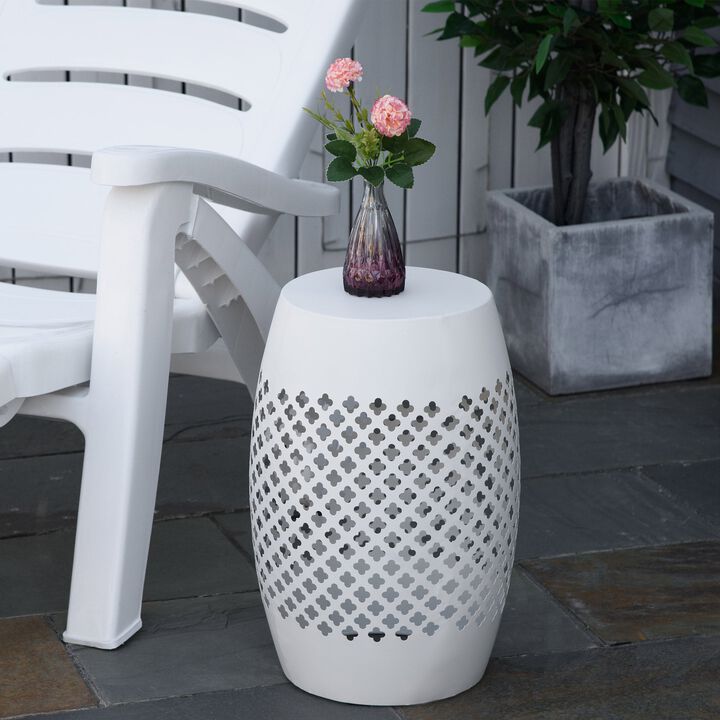 Steel Patio End Table, Round Side Table with Hollow Drum Design, Accent Table for Outdoor and Indoor Use, White